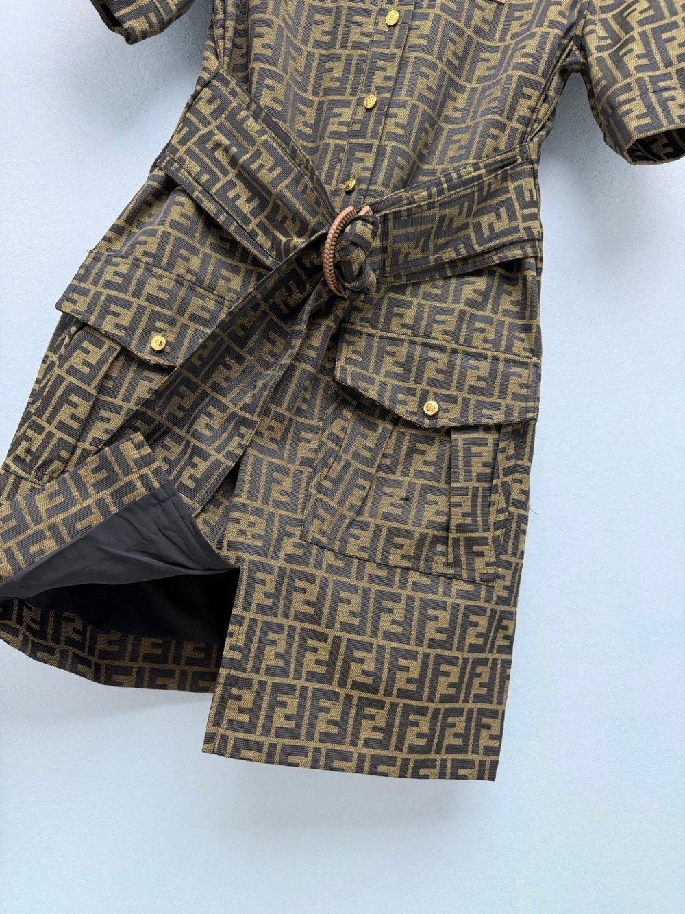 Fendi Brown FF Logo Short-Sleeve Shirt Dress with Belt - Picture 7 of 8